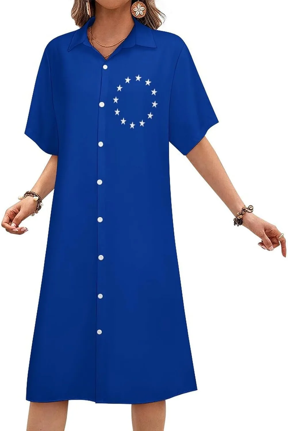 Zakqeik Women's Italy Flag Shirt Dress Collar V-Neck Button Down Loose Short Sleeve Long Dresses