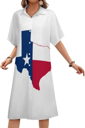 Zakqeik Women's Texas Flag Map Shirt Dress Collar V-Neck Button Down Short Sleeve Long Dresses