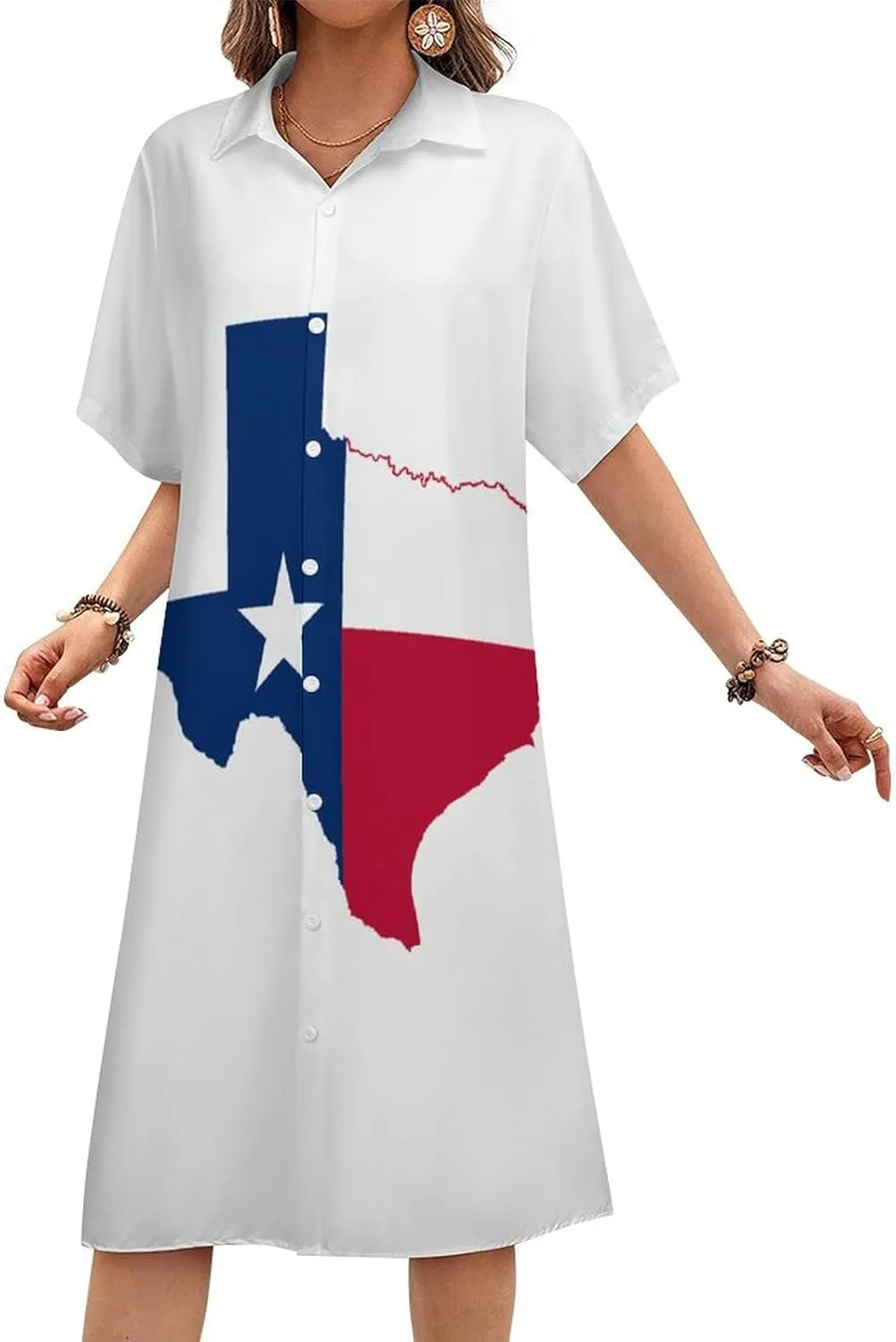 Zakqeik Women's Texas Flag Map Shirt Dress Collar V-Neck Button Down Short Sleeve Long Dresses