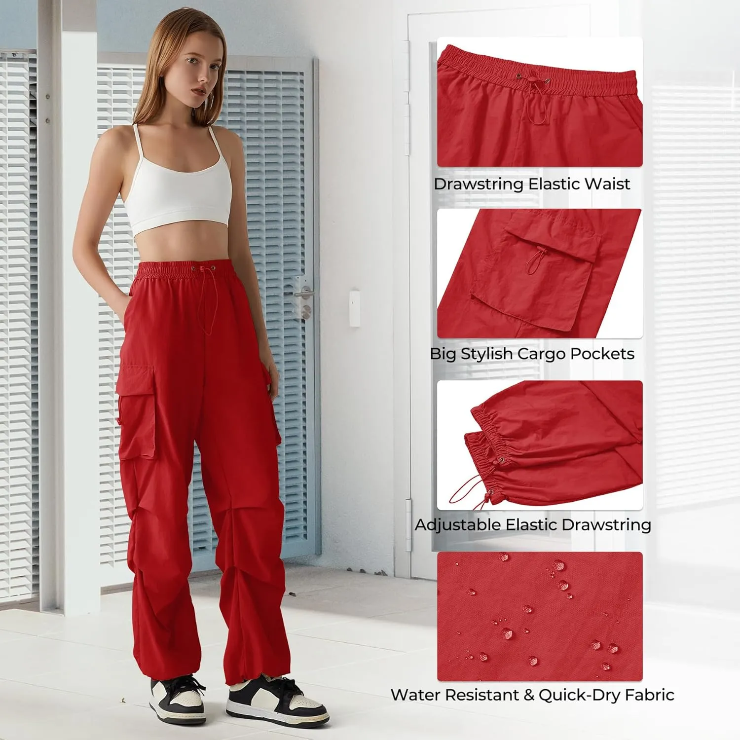 Zando Baggy Cargo Parachute Pants Women High Waisted Wide Leg Waterproof Windbreaker Hiking Pants for Women